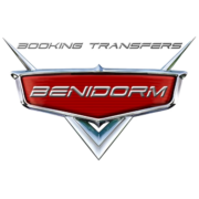 Gleaming Booking Transfers Benidorm logo with a vivid red backdrop and chrome detailing, encapsulating a promise of premium, reliable transport services.