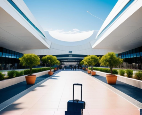 Blue suitcase standing alone outside Alicante airport terminal.