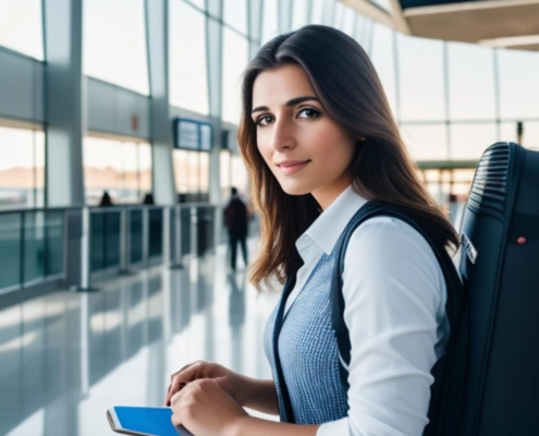 Jovem esperando no aeroporto de Alicante com um tablet e bagagem de mão.